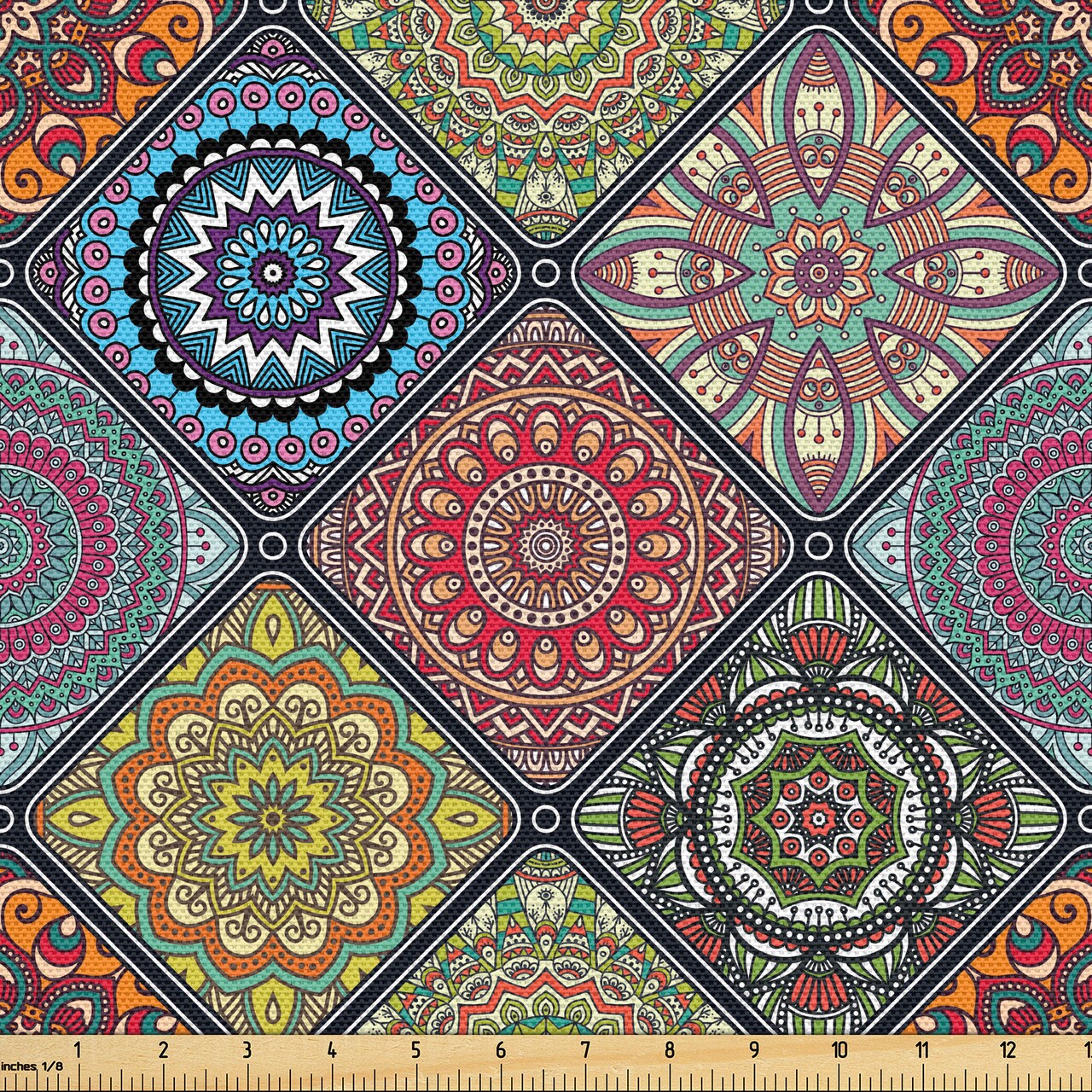 Ambesonne Mandala Fabric by The Yard, Checkered Rectangles Pattern Various Oriental Inspired Motifs Culture, Decorative Fabric for Upholstery and Home Accents, 5 Yards, Beige